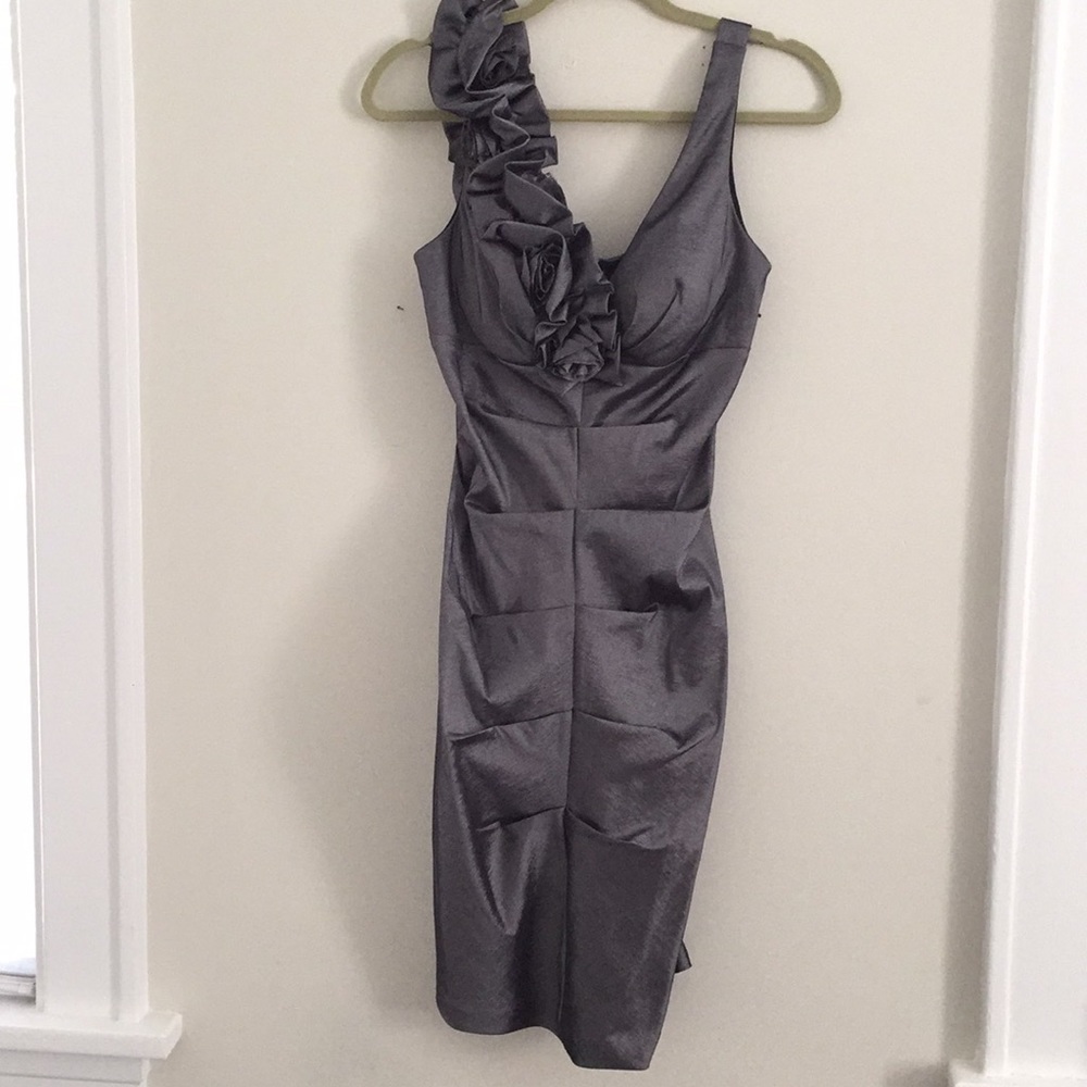 Metallic Silver Rouched Dress with Rosette Detail